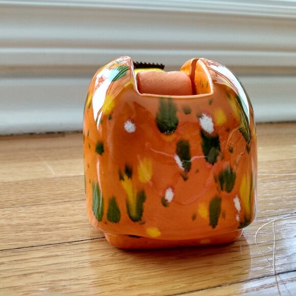 Vintage Ceramic Snail Tape Dispenser Orange Pottery Retro Office Desk Decor - Picture 10 of 11